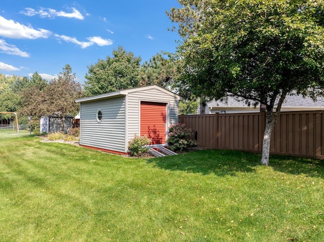 view of shed with a fenced backyard