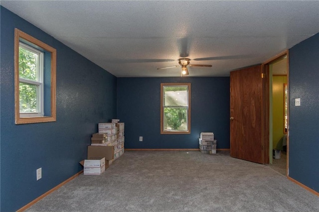 empty room with a wealth of natural light, a textured ceiling, and carpet flooring