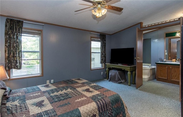 bedroom featuring carpet, ornamental molding, a ceiling fan, vaulted ceiling, and a textured ceiling