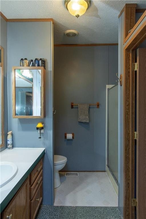 bathroom with toilet, ornamental molding, a stall shower, vanity, and a textured ceiling