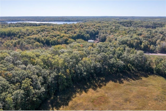 drone / aerial view featuring a water view and a view of trees