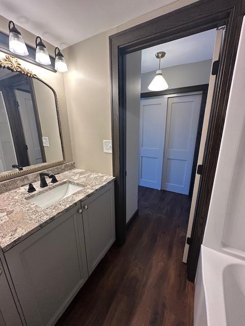 bathroom featuring a tub to relax in, wood finished floors, and vanity