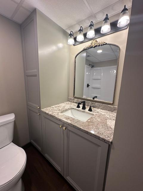 bathroom featuring wood finished floors, vanity, and toilet