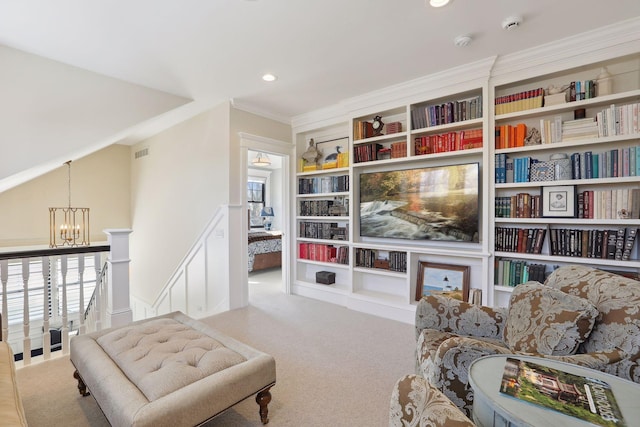 living area with visible vents, ornamental molding, recessed lighting, carpet, and an inviting chandelier