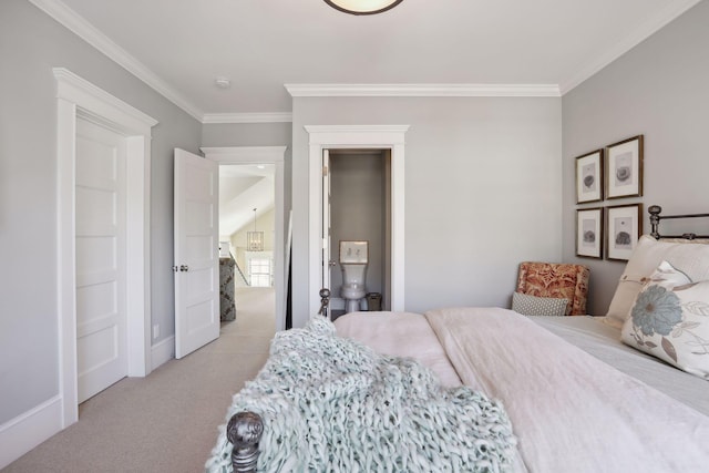 bedroom featuring light colored carpet and crown molding