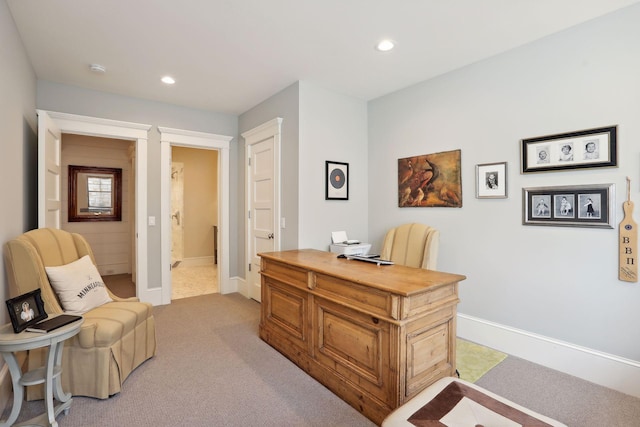 office area with light carpet, recessed lighting, and baseboards