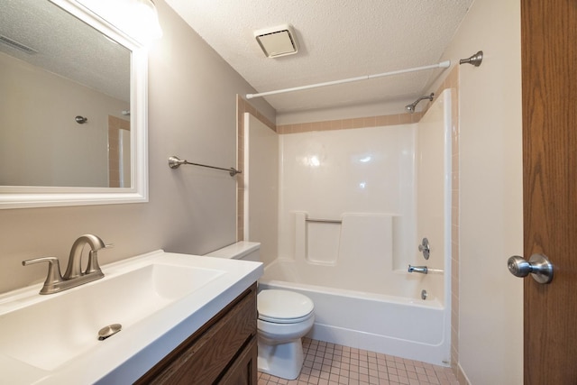 full bath with vanity, visible vents, a textured ceiling, shower / tub combination, and toilet