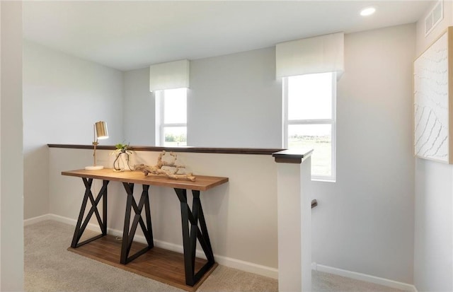 interior space with carpet flooring, a healthy amount of sunlight, visible vents, and baseboards