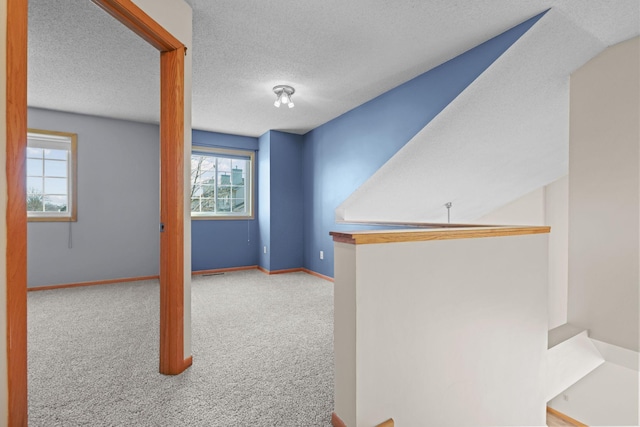 interior space featuring plenty of natural light, carpet, baseboards, and a textured ceiling