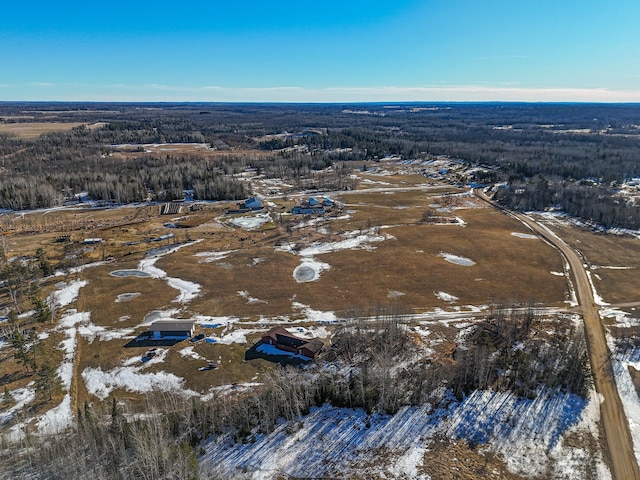 snowy aerial view featuring a wooded view