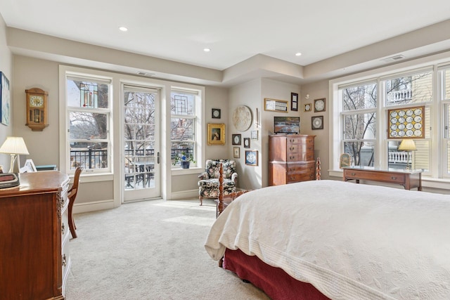 bedroom featuring baseboards, visible vents, carpet floors, recessed lighting, and access to outside