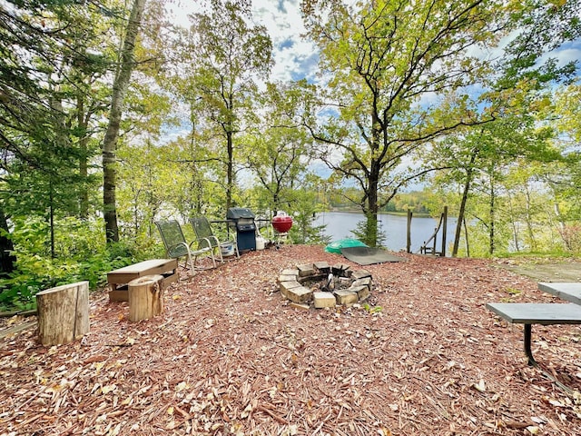 view of yard with a water view and a fire pit