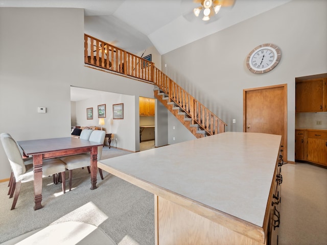 17170 Highview Ave, Minnewaska Twp, MN 56334 - kitchen featuring high vaulted ceiling and a ceiling fan