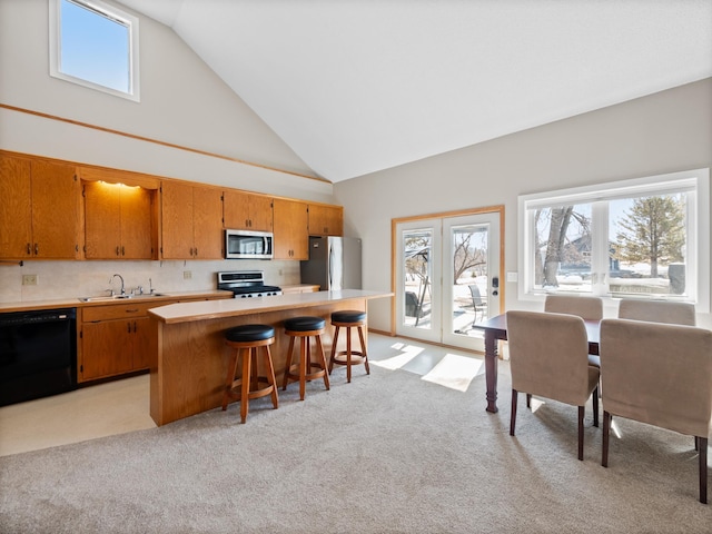 17170 Highview Ave, Minnewaska Twp, MN 56334 - kitchen with appliances with stainless steel finishes, a sink, high vaulted ceiling, light carpet, and light countertops