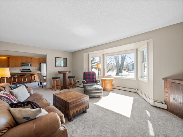 17170 Highview Ave, Minnewaska Twp, MN 56334 - living room with light colored carpet, a textured ceiling, and a baseboard radiator