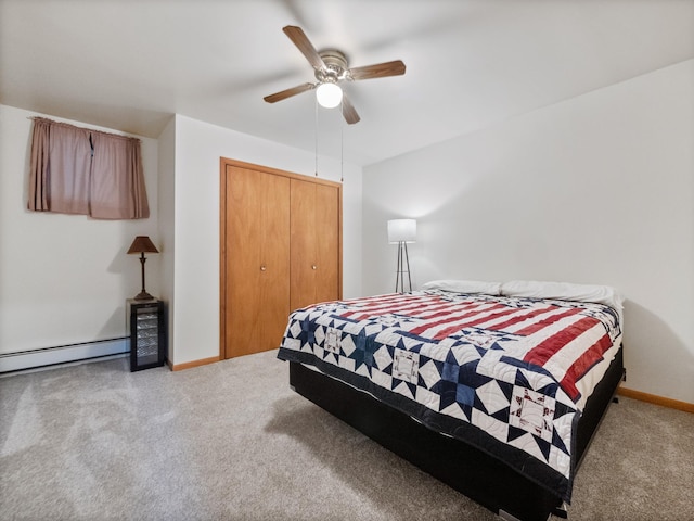 17170 Highview Ave, Minnewaska Twp, MN 56334 - bedroom featuring carpet, a closet, baseboards, and a baseboard radiator