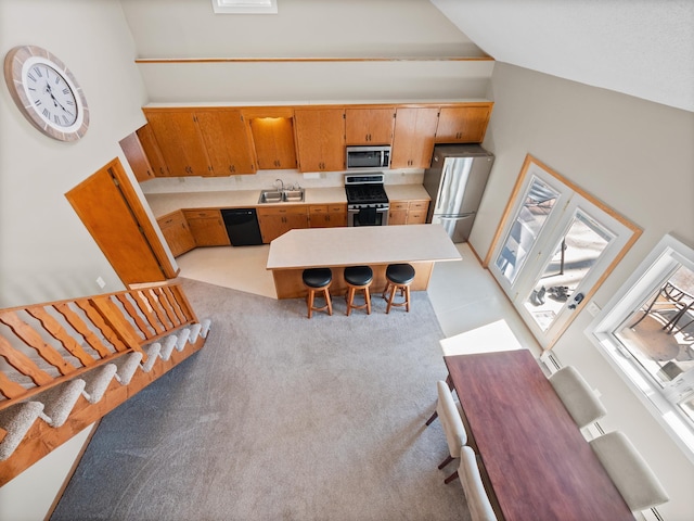 17170 Highview Ave, Minnewaska Twp, MN 56334 - kitchen with stainless steel appliances, high vaulted ceiling, light countertops, a sink, and light carpet