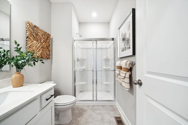 full bathroom featuring visible vents, toilet, a stall shower, vanity, and baseboards