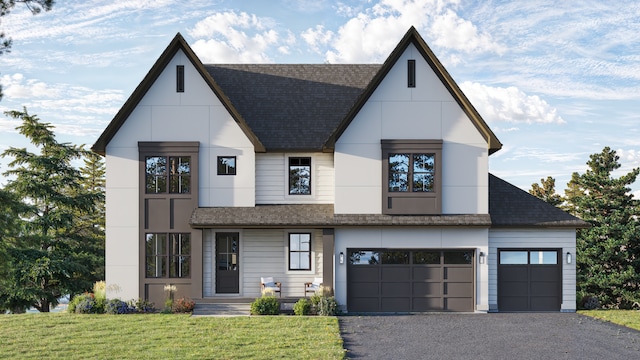 view of front of property with aphalt driveway, stucco siding, a front lawn, and a shingled roof