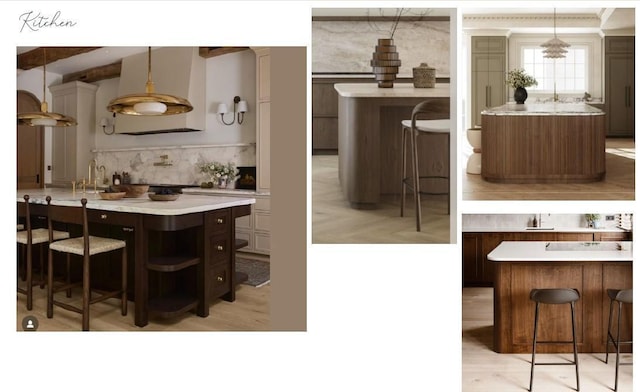 interior space with decorative backsplash, decorative light fixtures, light wood-style flooring, beamed ceiling, and extractor fan