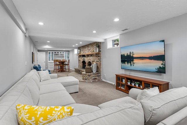 607 Adams St NE, Minneapolis, MN 55413 - carpeted living area featuring recessed lighting, baseboards, and a fireplace