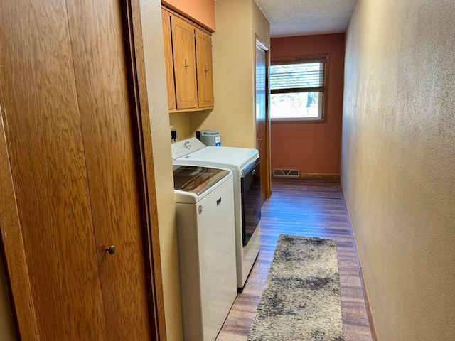 1001 1st Ave NW, Pelican Rapids, MN 56572 - laundry room featuring washer and dryer, light wood-type flooring, cabinet space, and a textured wall