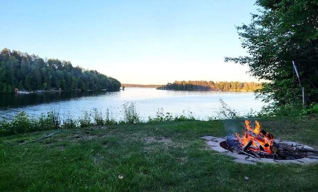 view of water feature featuring a fire pit and a view of trees