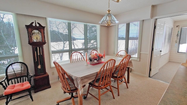 dining area featuring light colored carpet