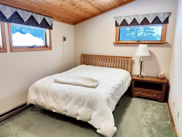 bedroom featuring carpet floors, wood ceiling, and lofted ceiling