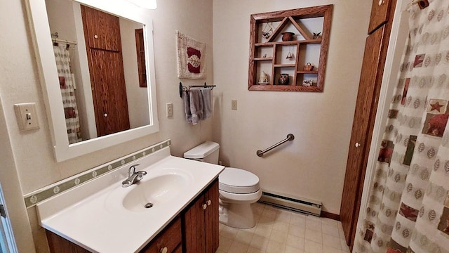 full bathroom featuring a baseboard radiator, toilet, vanity, a shower with curtain, and tile patterned floors