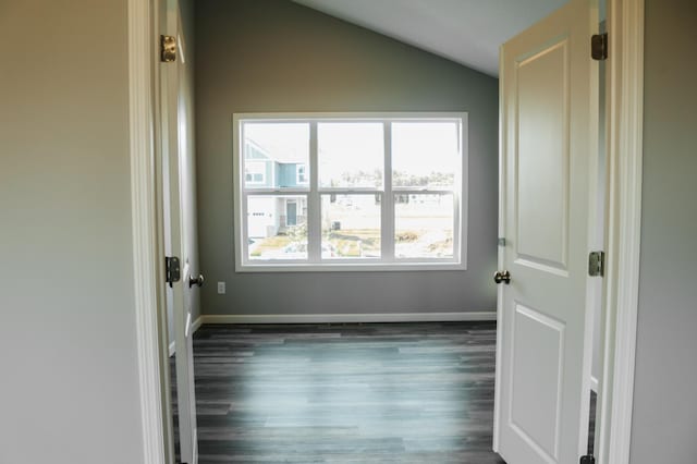 spare room featuring baseboards, lofted ceiling, and wood finished floors