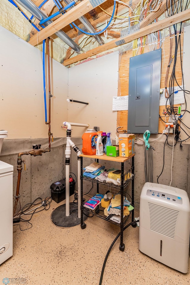 unfinished basement with electric panel