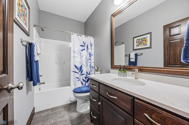 full bathroom with vanity, shower / bath combination with curtain, and toilet