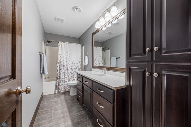 bathroom with vanity, toilet, shower / bathtub combination with curtain, and visible vents