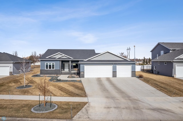 ranch-style home featuring brick siding, fence, concrete driveway, roof with shingles, and an attached garage