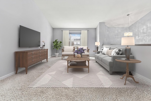 living area with carpet flooring, baseboards, vaulted ceiling, and a notable chandelier