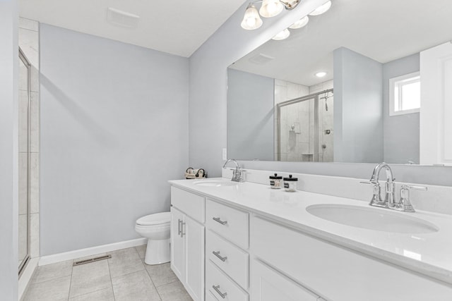 full bath featuring a sink, visible vents, toilet, and a stall shower