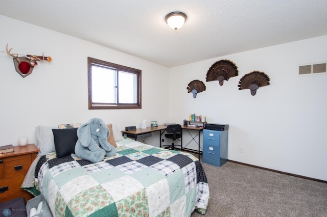 carpeted bedroom featuring visible vents, a textured ceiling, and baseboards