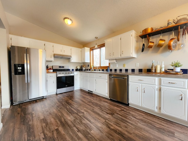 kitchen featuring under cabinet range hood, dark wood finished floors, lofted ceiling, white cabinets, and stainless steel appliances