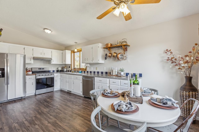 kitchen with white cabinetry, vaulted ceiling, under cabinet range hood, and stainless steel appliances