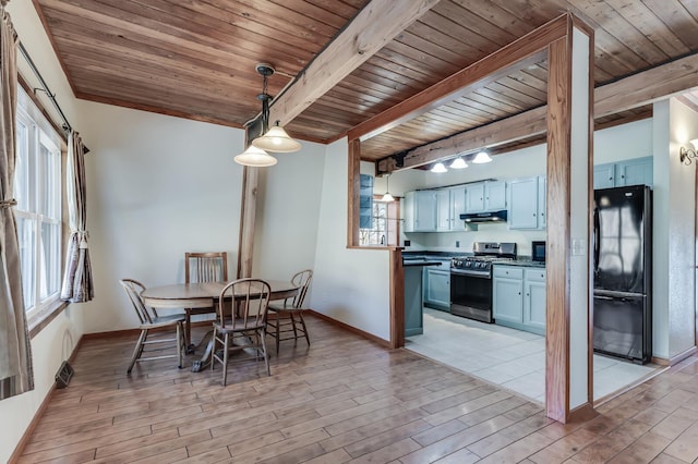 dining area featuring wood ceiling, beamed ceiling, light wood-style floors, and baseboards