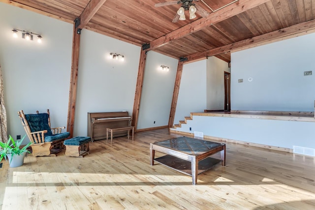 living area featuring beam ceiling, wood ceiling, visible vents, and wood-type flooring