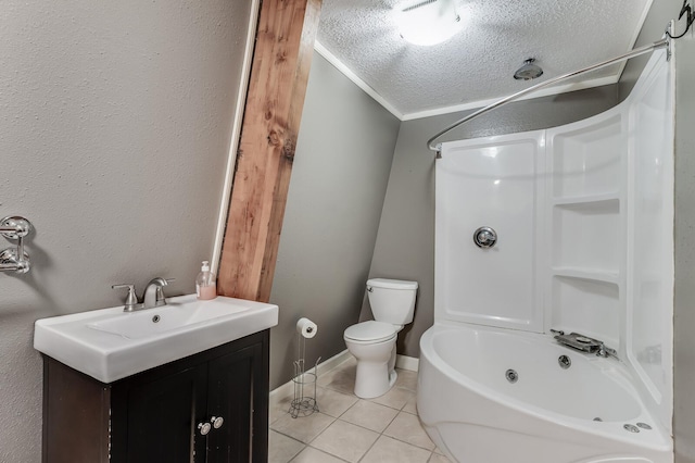 bathroom with vanity, ornamental molding, tile patterned flooring, a textured ceiling, and toilet