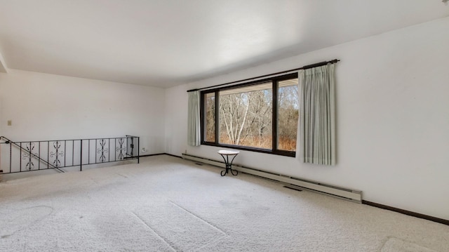 empty room with baseboards, carpet floors, and a baseboard radiator