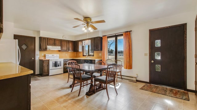 dining space featuring baseboards, a baseboard heating unit, and a ceiling fan