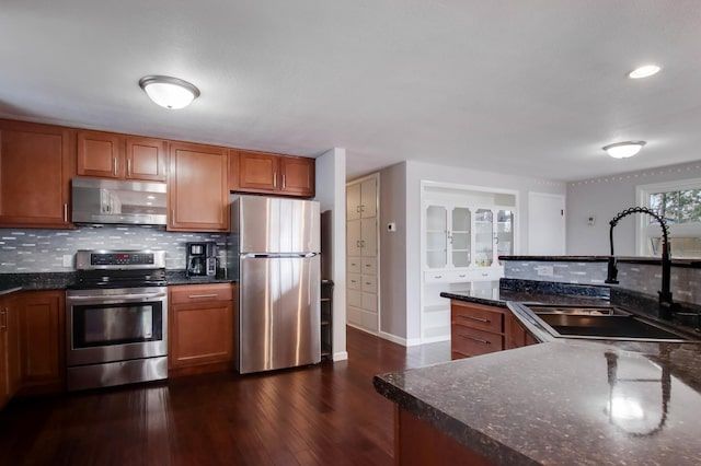 kitchen with brown cabinetry, dark wood finished floors, a sink, decorative backsplash, and stainless steel appliances