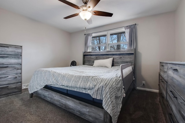 carpeted bedroom with baseboards and ceiling fan