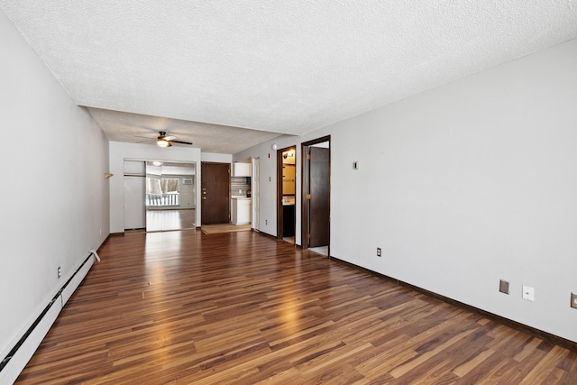 unfurnished living room with a baseboard radiator, a textured ceiling, wood finished floors, and a ceiling fan