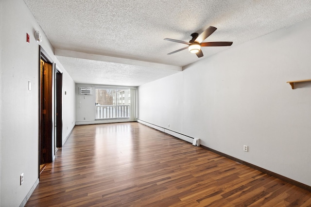 empty room with a ceiling fan, wood finished floors, a baseboard radiator, an AC wall unit, and a textured ceiling