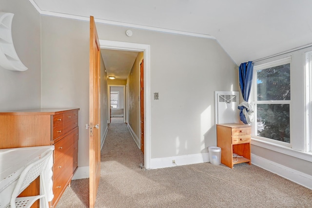 bedroom featuring lofted ceiling, multiple windows, light colored carpet, and baseboards